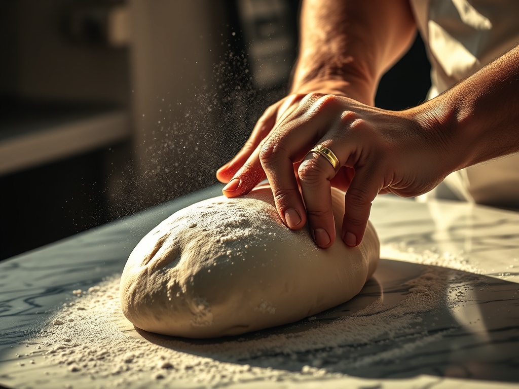 Mains du pizzaiolo travaillant la pâte